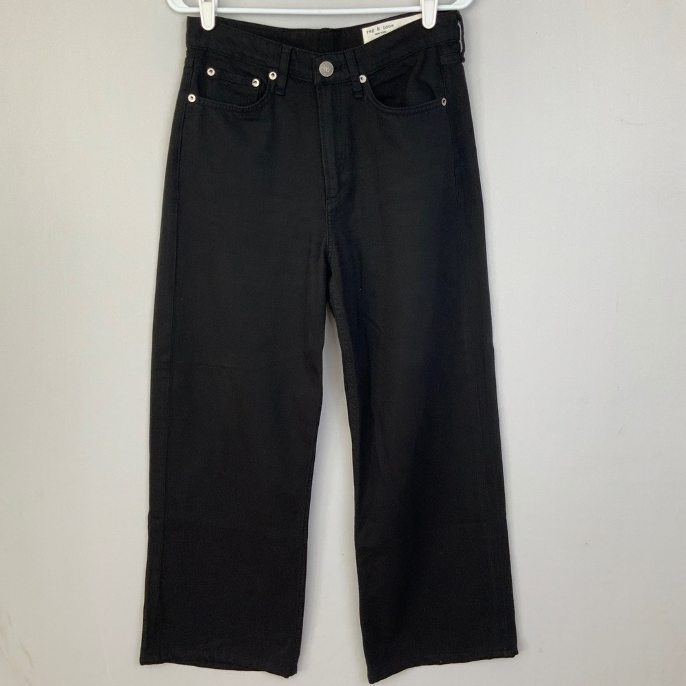 Rag & Bone Sz 26 Black Logan Mid Rise Wide Leg Cropped Featherweight Jeans